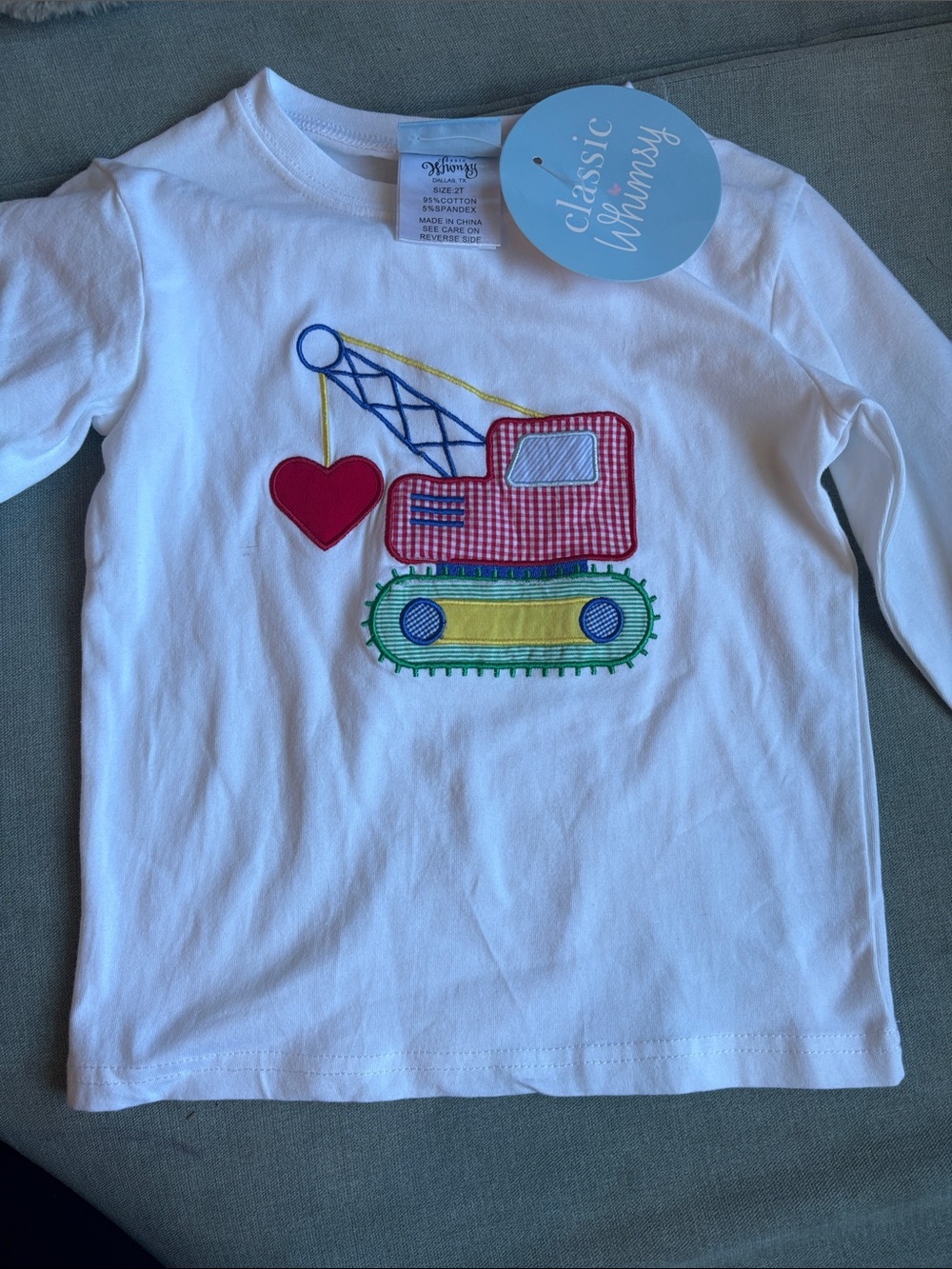 Classic Whimsy White Long-Sleeve Kids Shirt with Crane Heart Appliqué